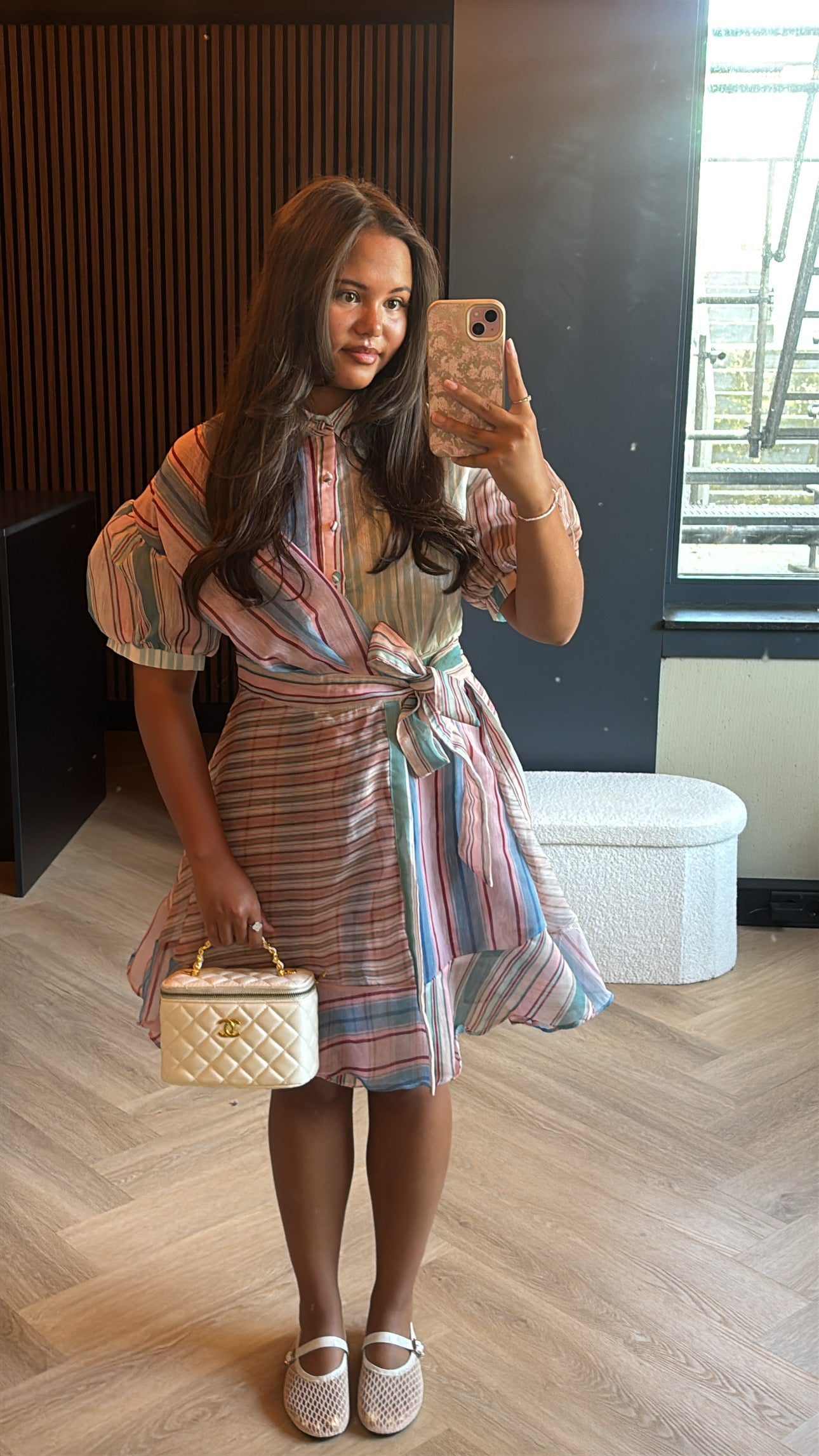 Striped Wrap Mini Dress with Puff Sleeves