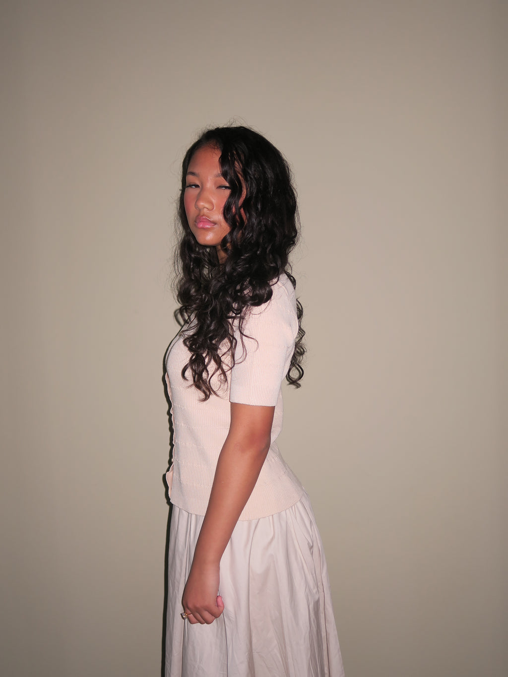 Beige Knit Button Top