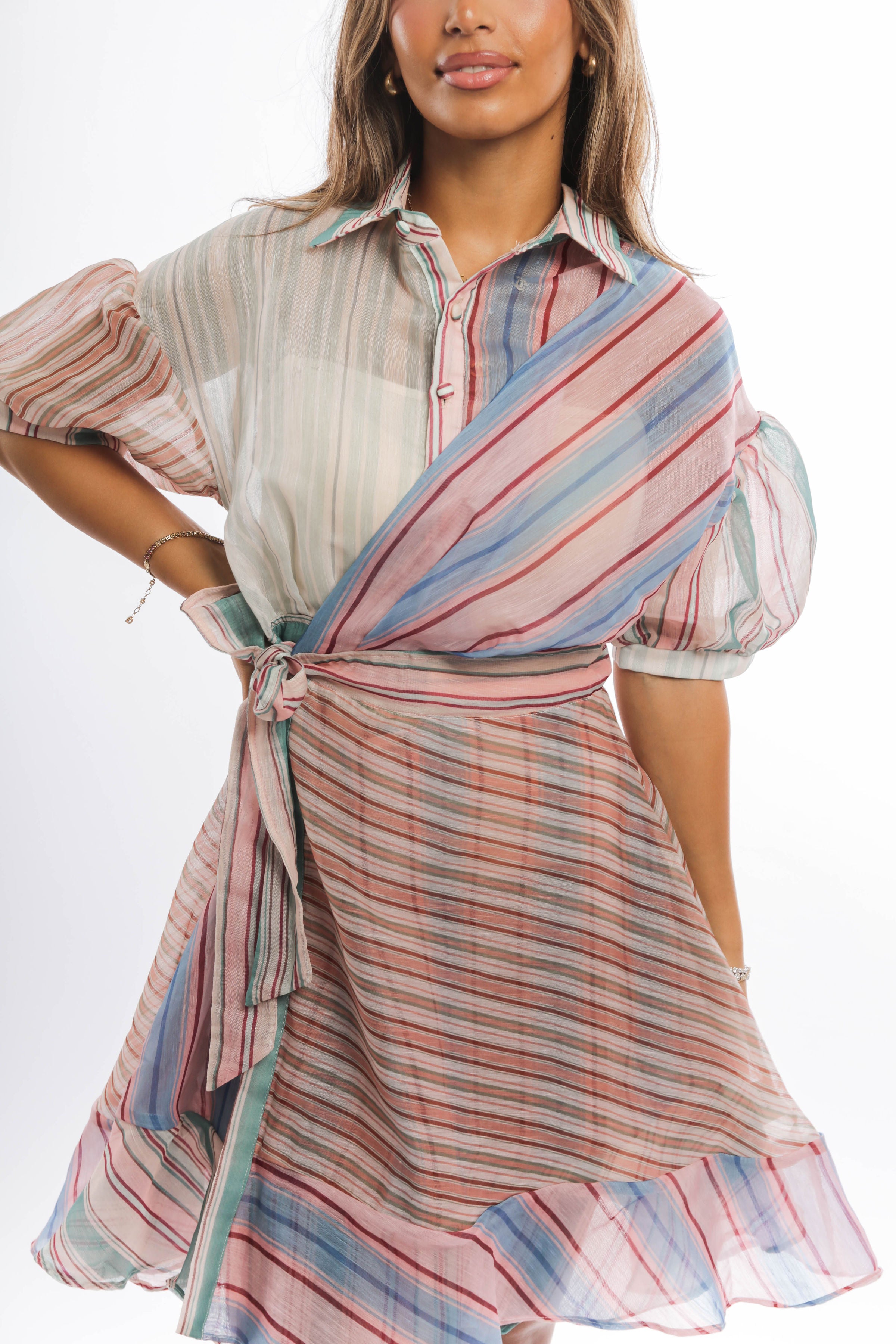 Striped Wrap Mini Dress with Puff Sleeves