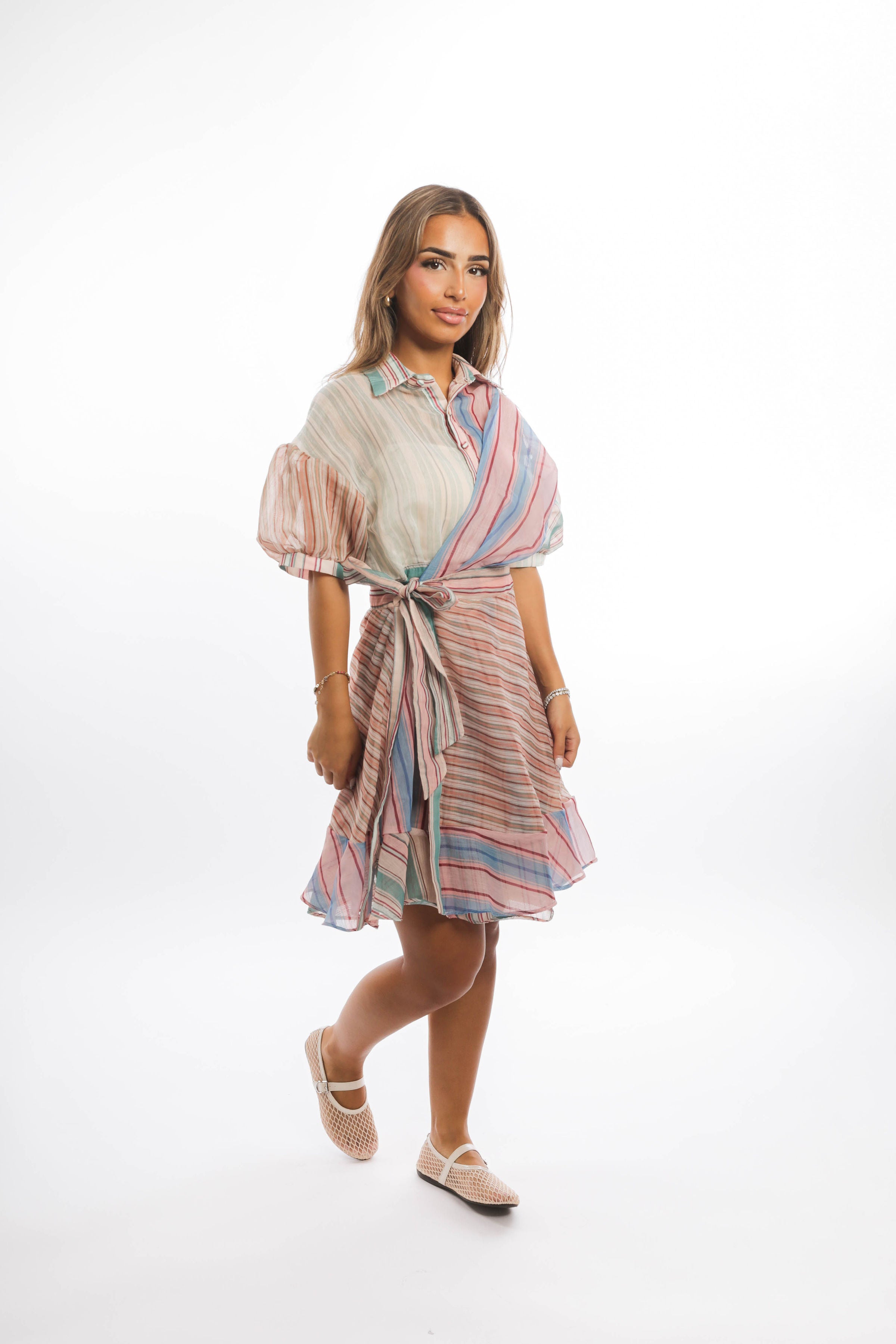 Striped Wrap Mini Dress with Puff Sleeves