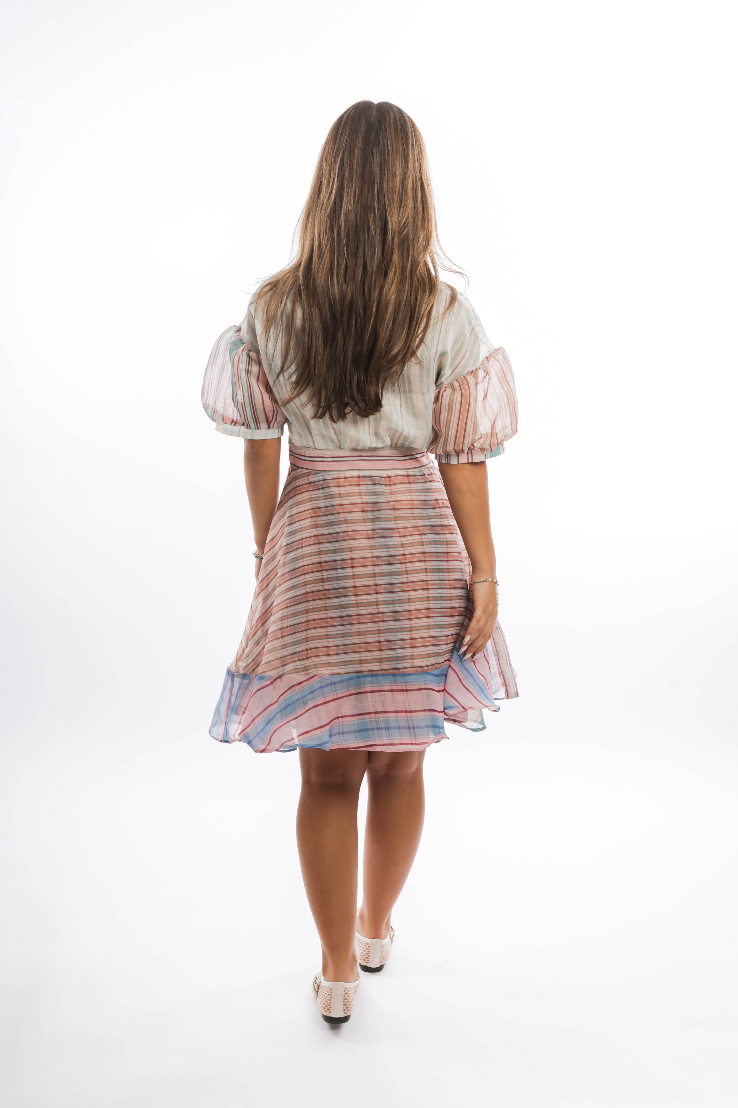Striped Wrap Mini Dress with Puff Sleeves