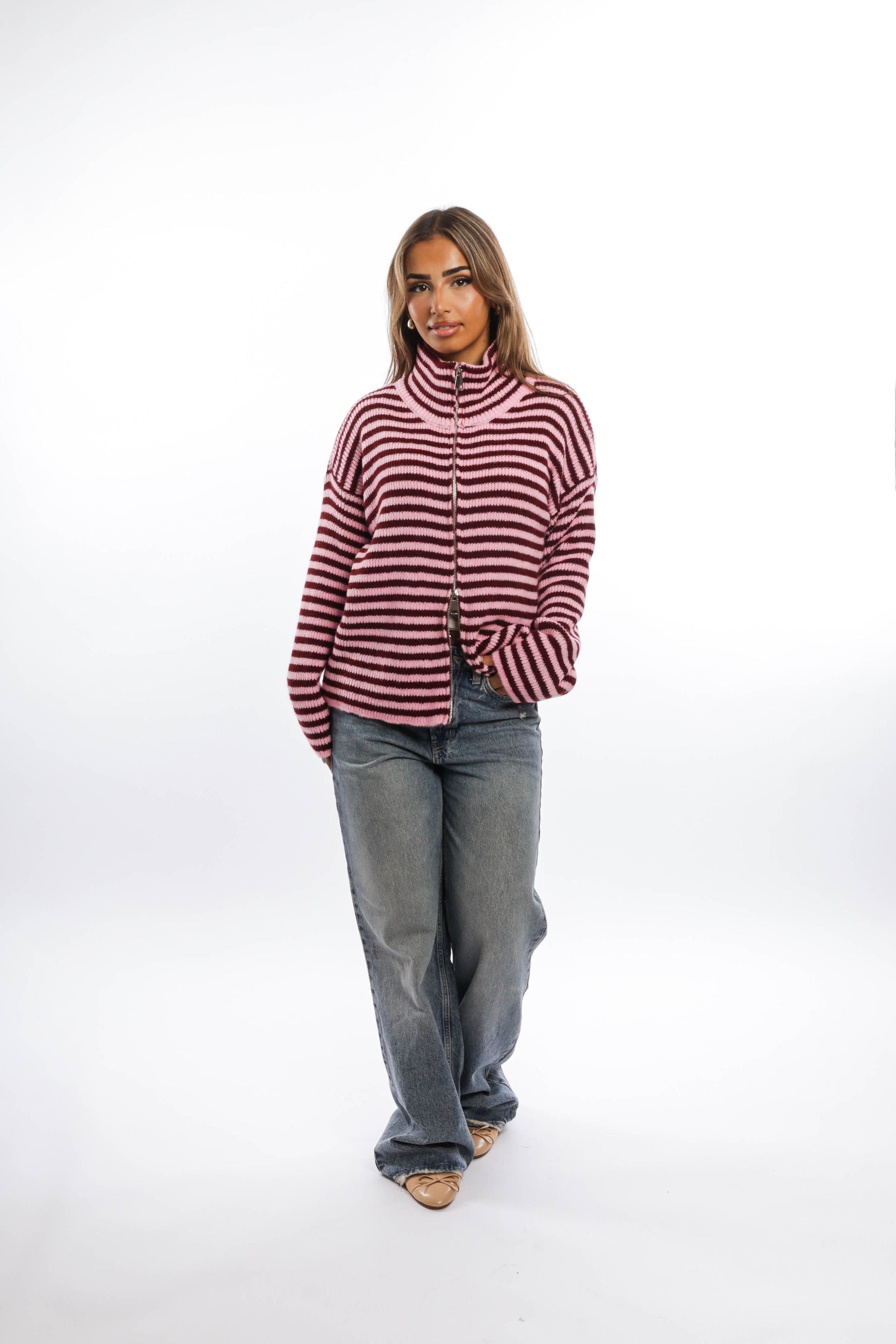 Striped Knit Zip-Up Cardigan with High Collar