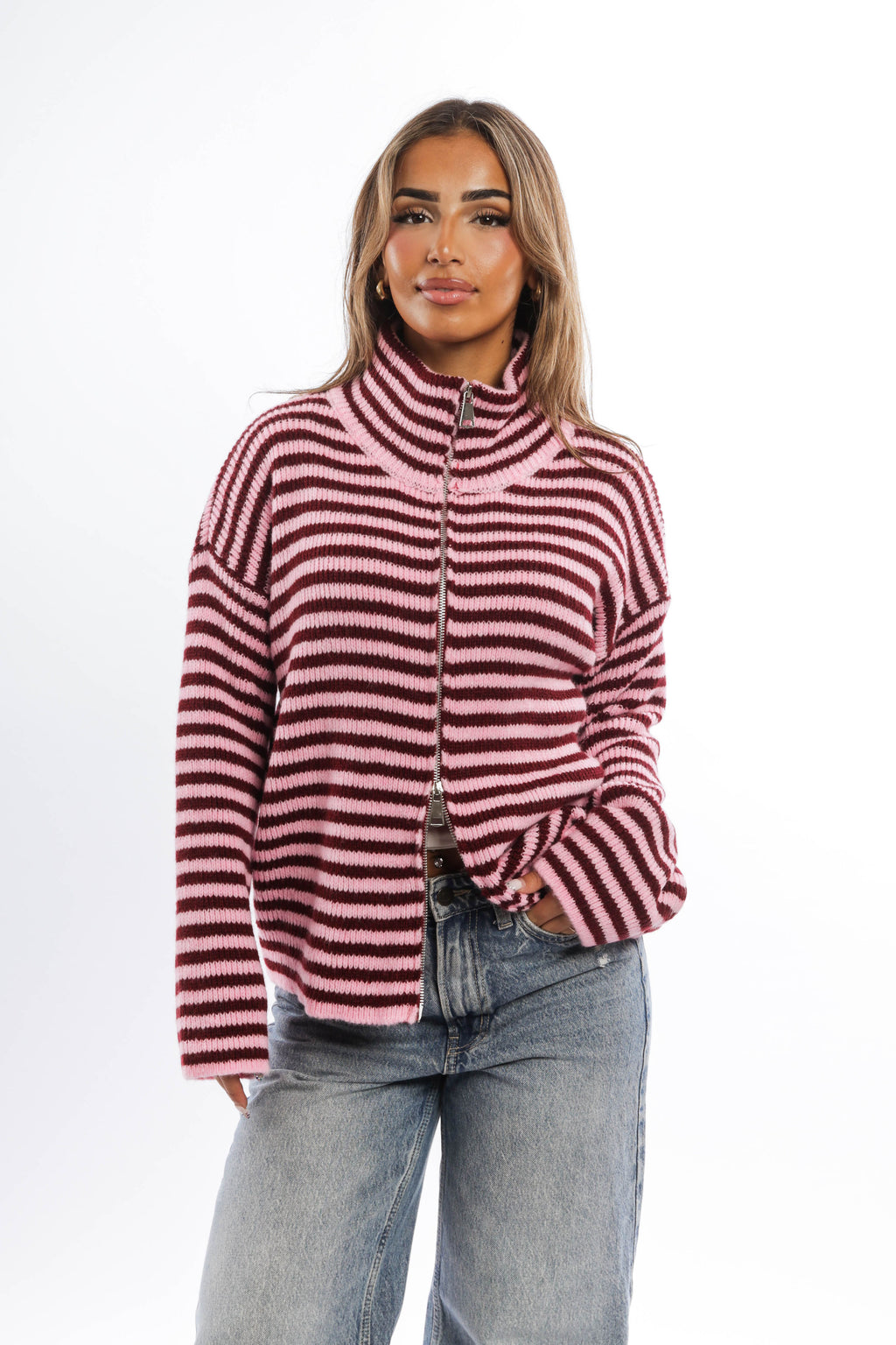 Striped Knit Zip-Up Cardigan with High Collar