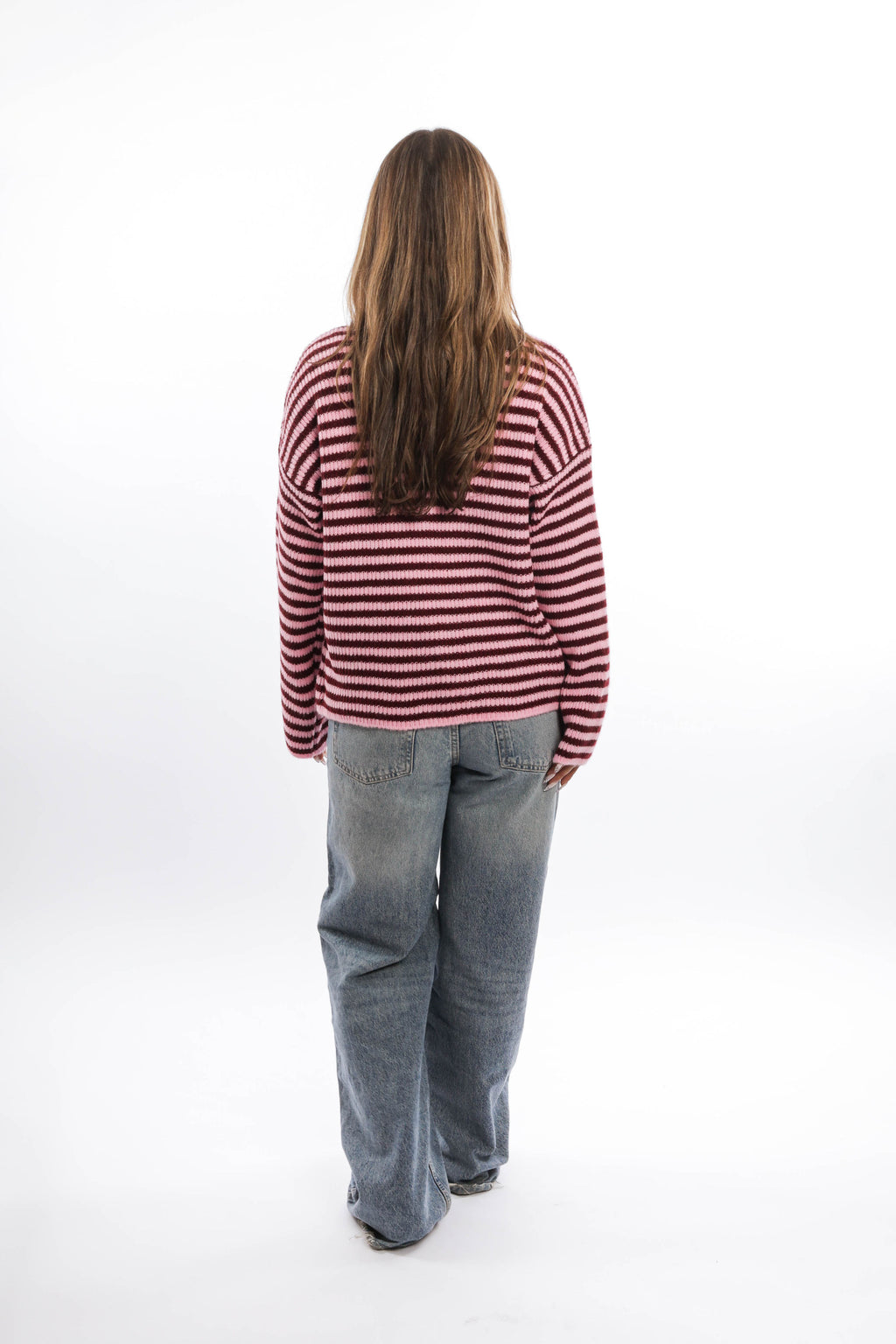 Striped Knit Zip-Up Cardigan with High Collar