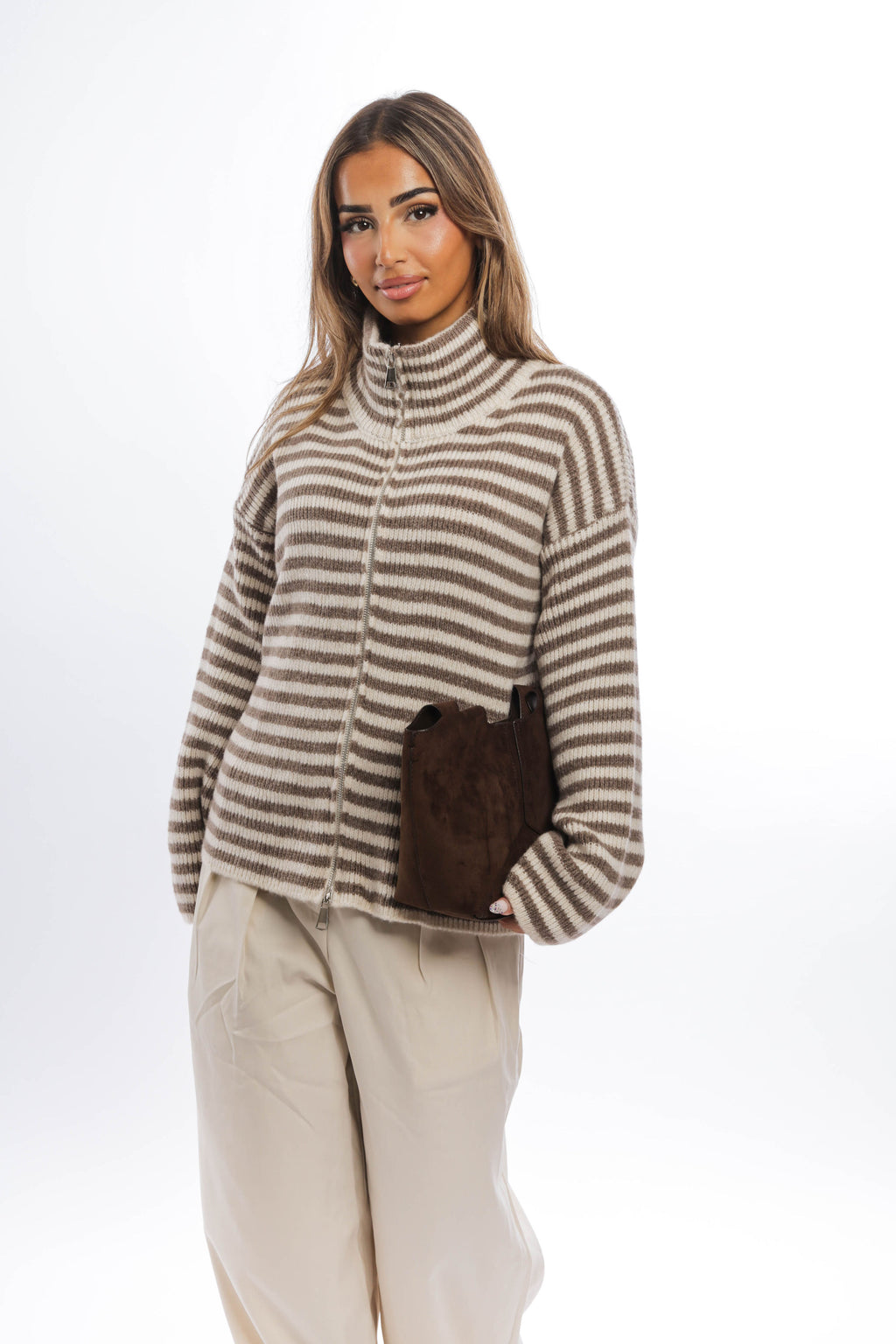 Striped Knit Zip-Up Cardigan with High Collar