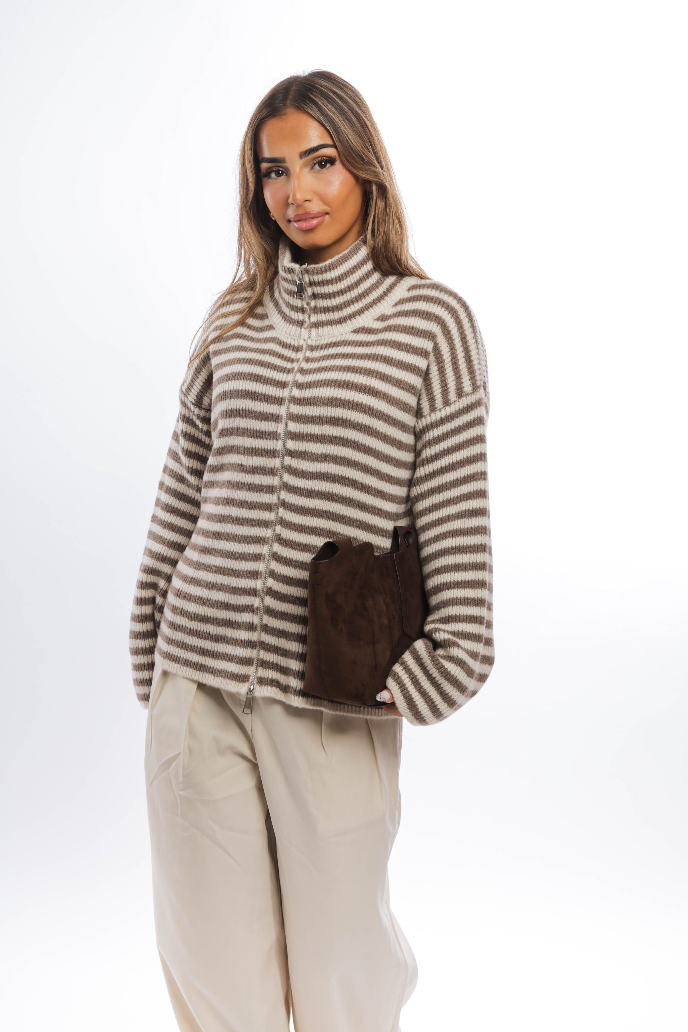 Striped Knit Zip-Up Cardigan with High Collar