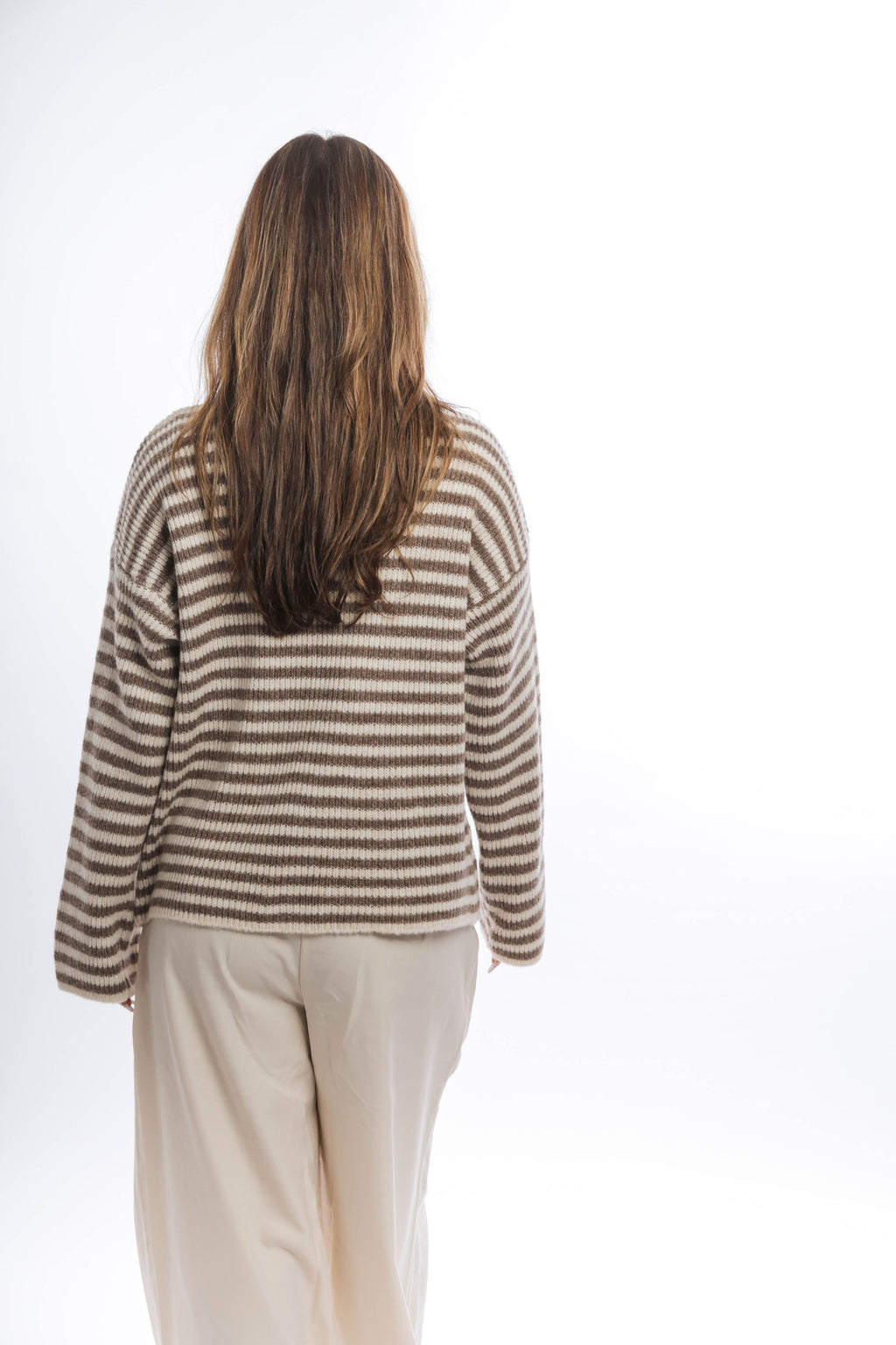 Striped Knit Zip-Up Cardigan with High Collar