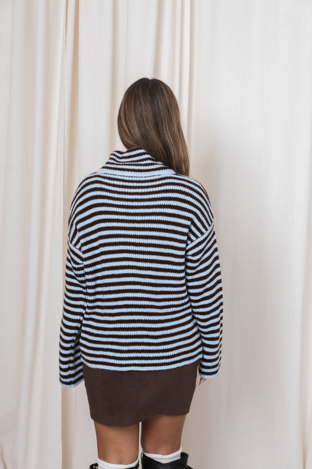 Striped Knit Zip-Up Cardigan with High Collar