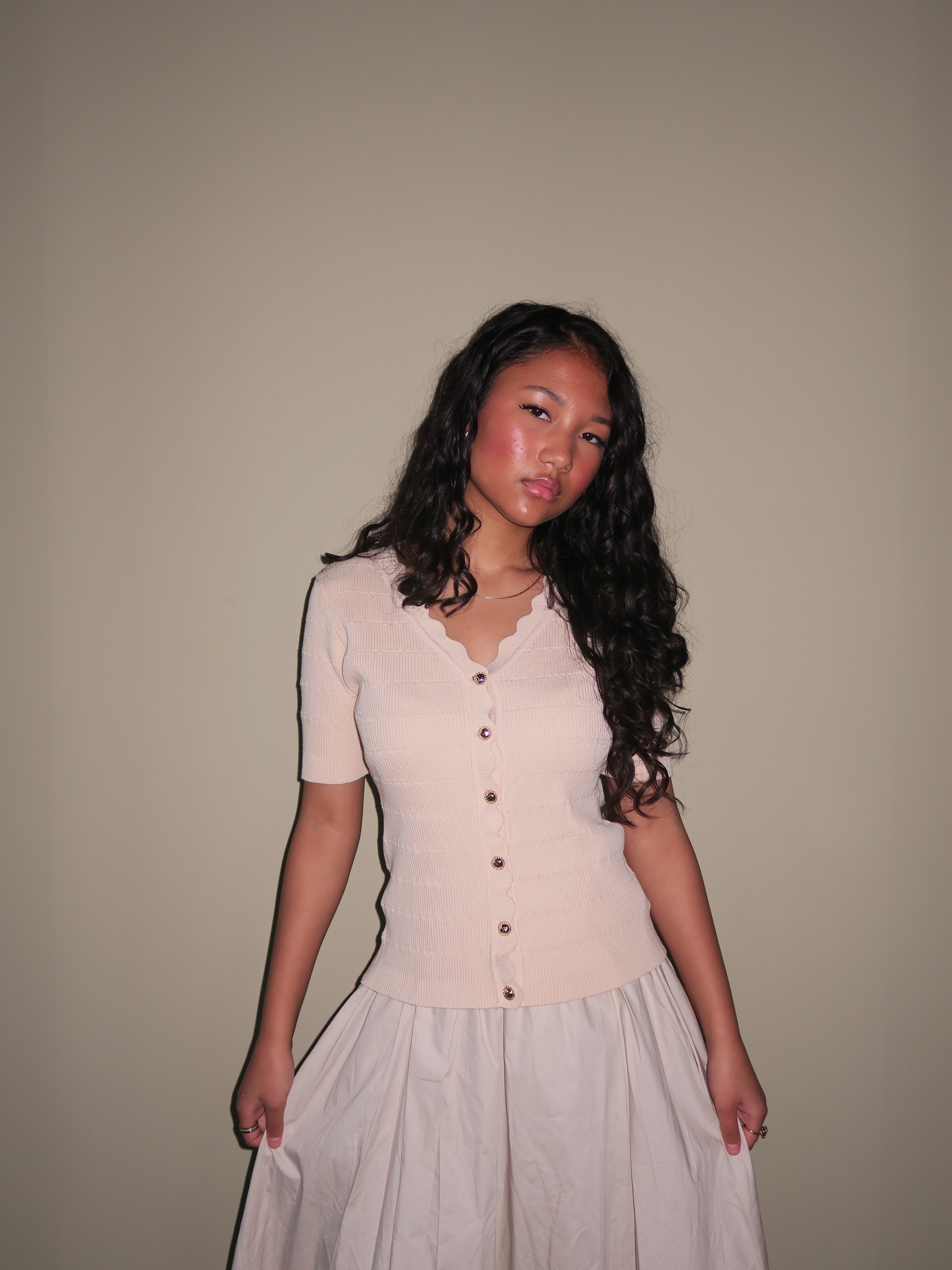 Beige Knit Button Top