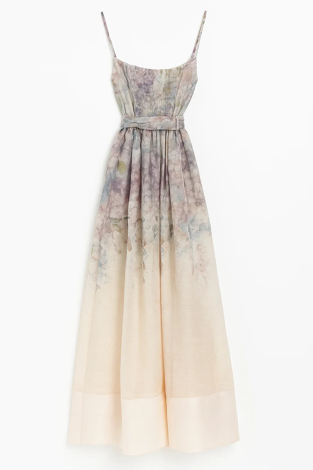 Elegant sleeveless maxi dress with floral watercolor print and belted waist on white background