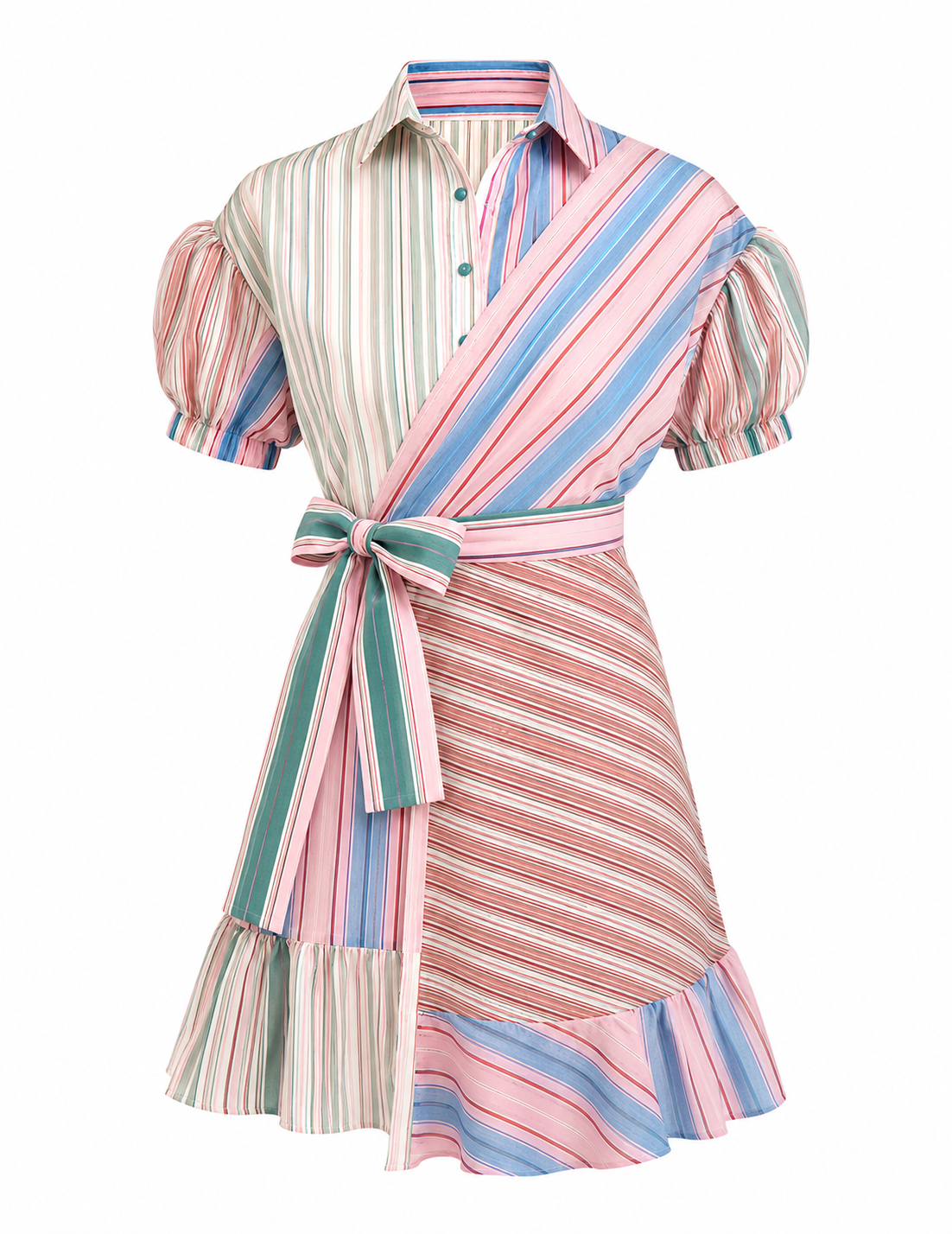 Striped Wrap Mini Dress with Puff Sleeves