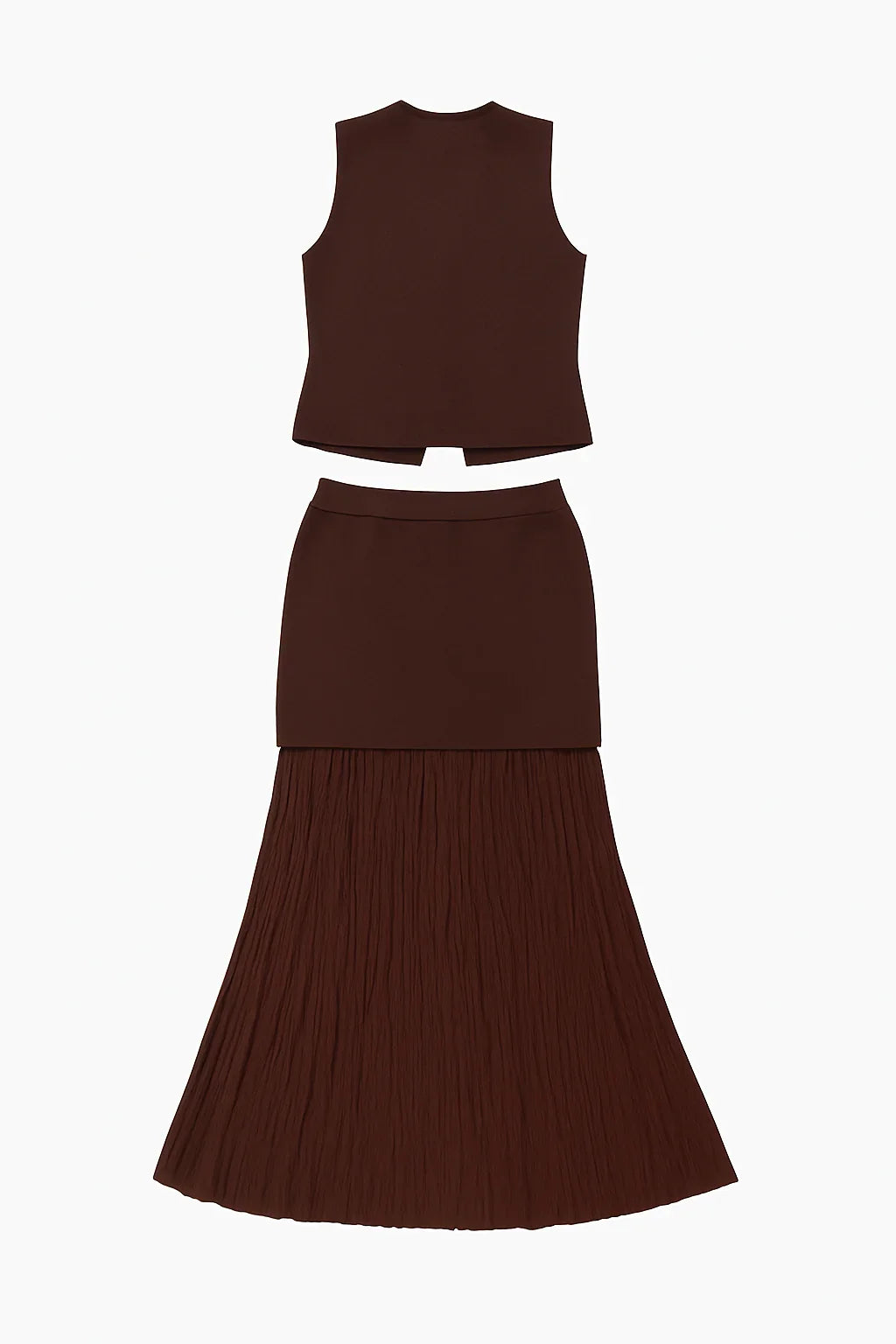 Dark brown sleeveless vest and matching skirt with pleated long bottom on white background