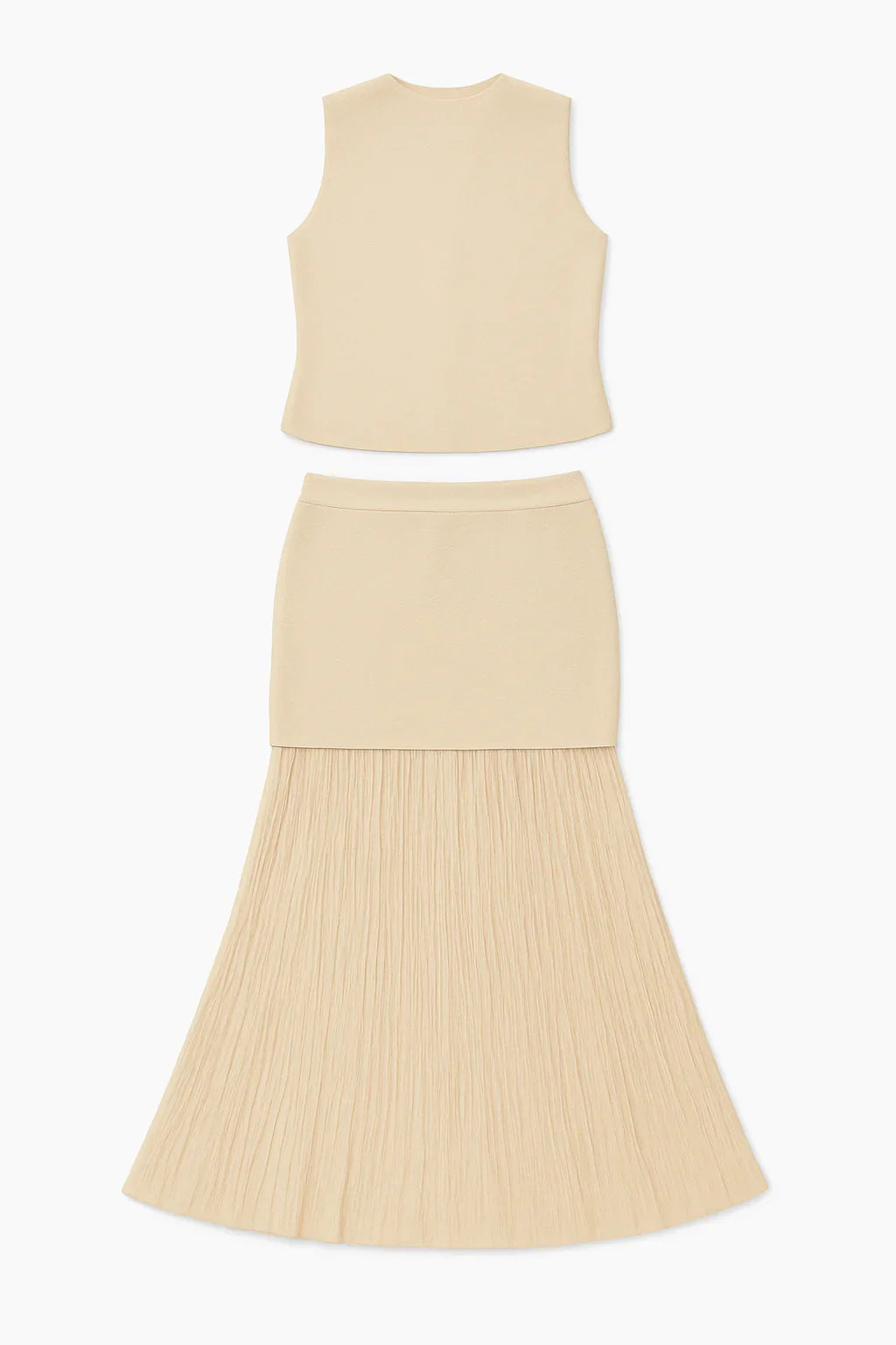 Beige sleeveless top with matching pleated midi skirt flat lay on white background