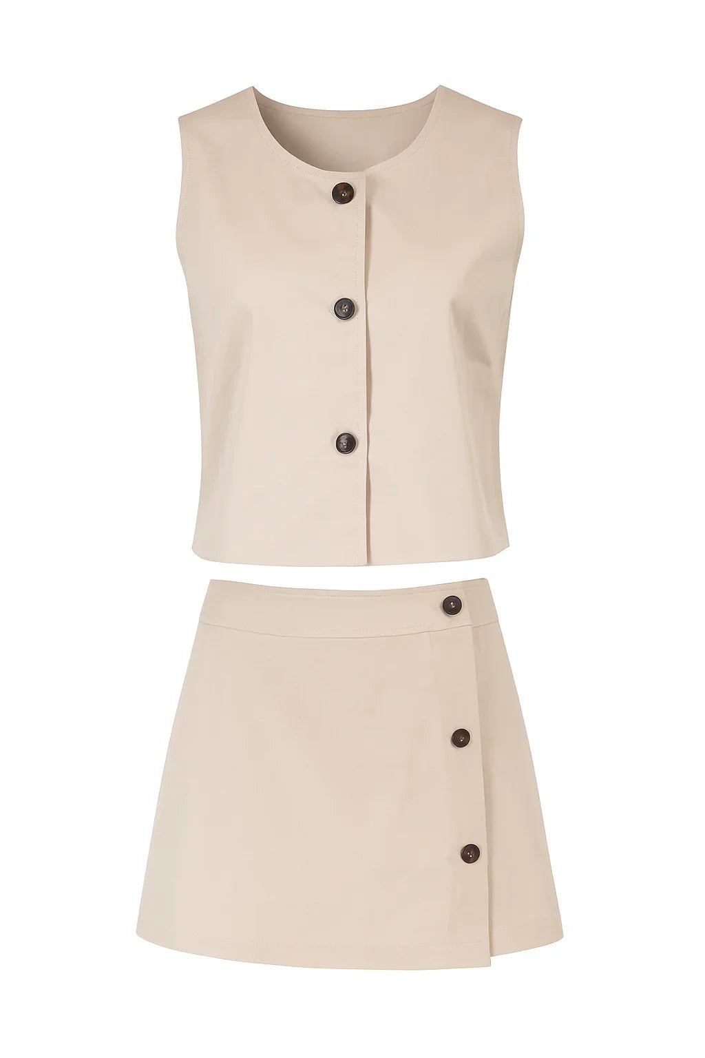 Beige sleeveless buttoned crop top and matching high-waist mini skirt set with brown buttons